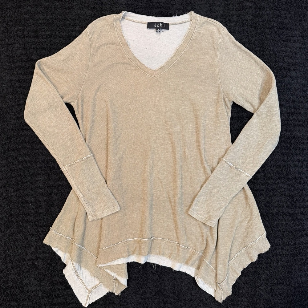 Womens M Lagenlook Long Sleeve Ribbed V-Neck Tunic Joh Beige Brown Grunge Boho
